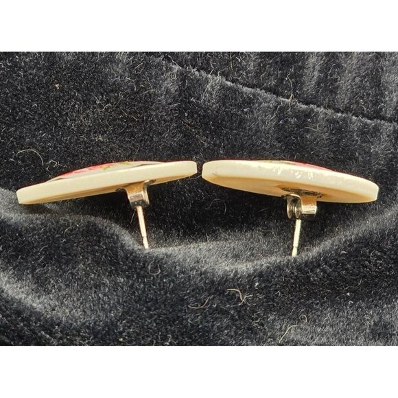 Vintage Avon Round Porcelain Pink Country Rose Post Back Earrings Gold Trim - Picture 2 of 3